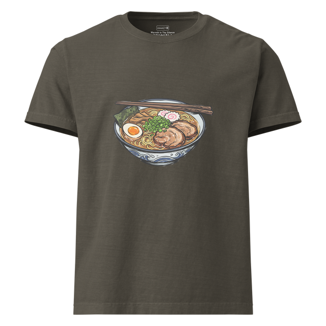 Colorful brush pen illustration of a pork ramen bowl with chopsticks resting across the rim, printed on an Oversized T-Shirt.