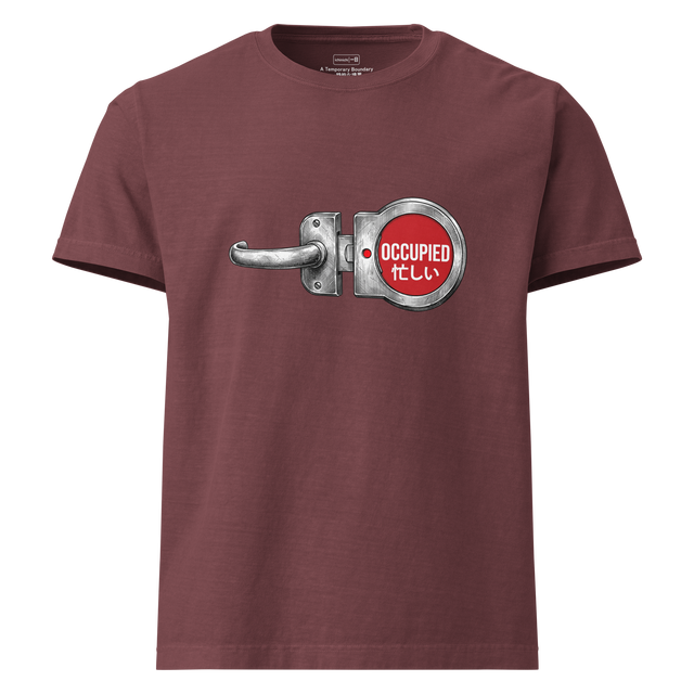 Oversized T-Shirt featuring a cross-hatch ink drawing of a sliding door lock with a solid red occupied indicator and Japanese text.