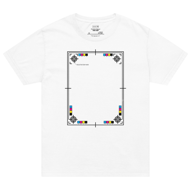 An oversized T-shirt displaying black printer registration marks and corner crosshairs drawn in a precise architectural blueprint style.