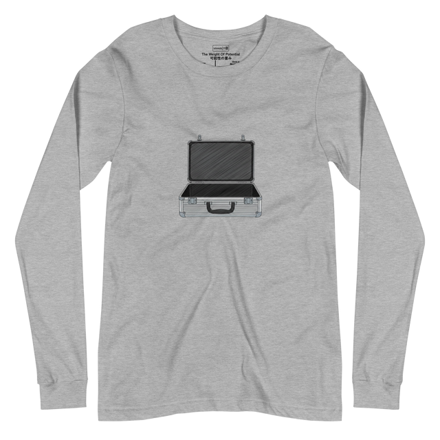 Minimalist illustration of an open aluminum travel case on a Long Sleeve T-Shirt.