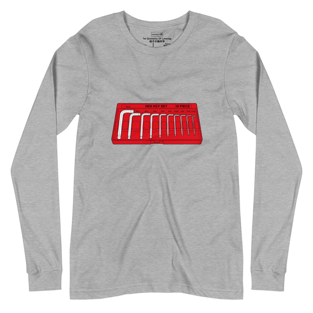 Long Sleeve T-Shirt displaying a technical line drawing of L-shaped hex keys in a red organizer.