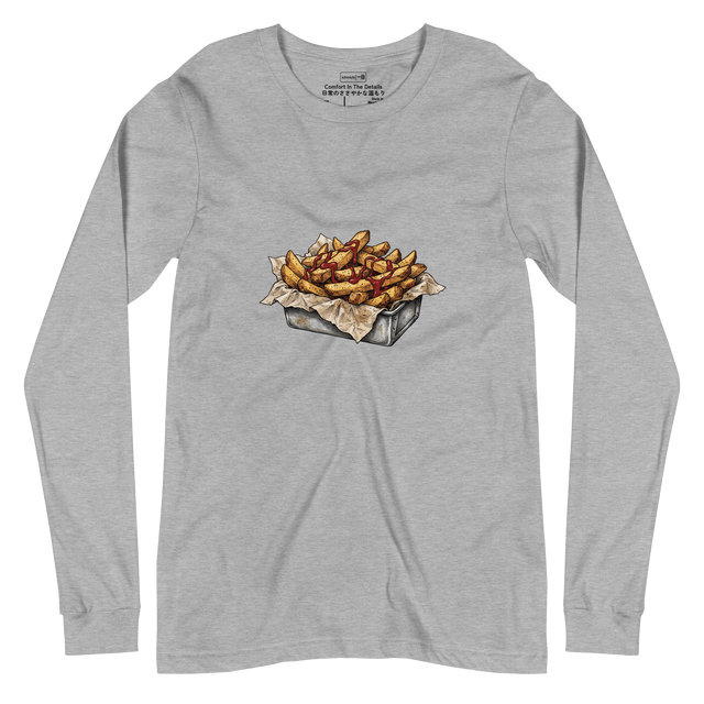 Long Sleeve T-Shirt featuring a cross-hatch ink illustration of thick steak fries with ketchup in a metal tin.