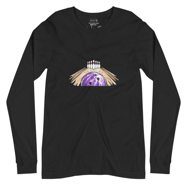 Dynamic purple bowling ball perspective graphic with marker textures on a Long Sleeve T-Shirt.