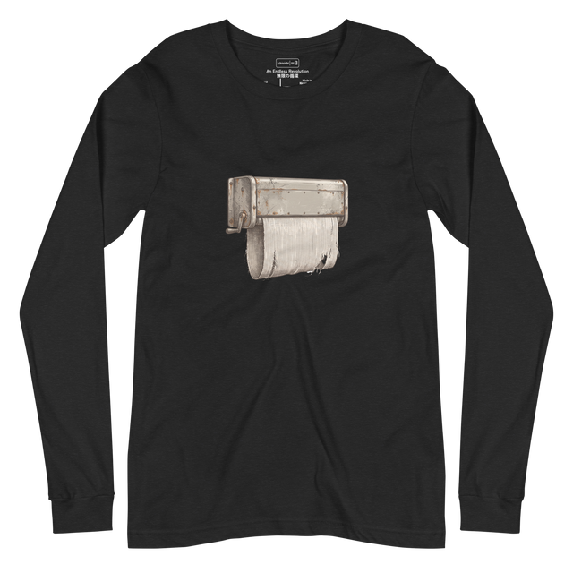 Cross-hatch ink illustration of a rusted vintage continuous cloth towel dispenser with a frayed fabric loop on a Long Sleeve T-Shirt.