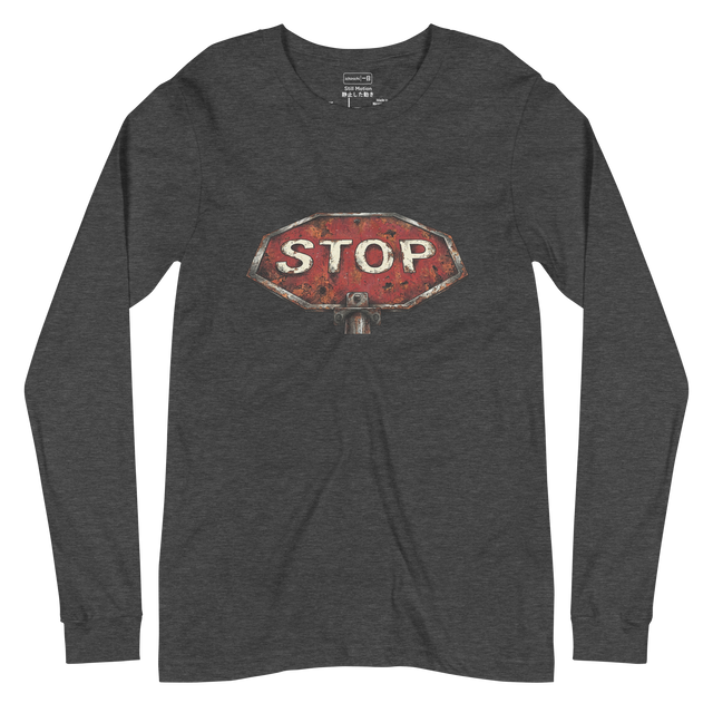 Detailed ink drawing of a rusted stop sign with heavy cross-hatching, Long Sleeve T-Shirt.