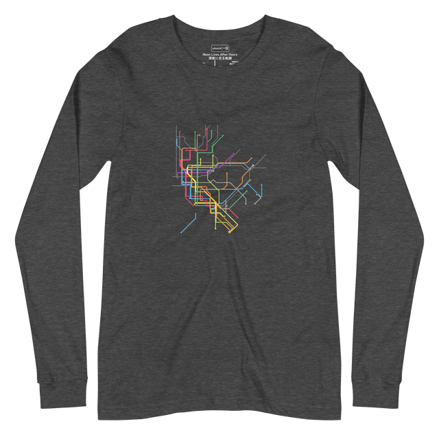 Long Sleeve T-Shirt featuring a bold neon marker illustration of the late-night NYC subway map spanning all boroughs with circular stops.