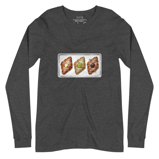 Hand-drawn color pencil illustration of three filled croissants with varied fillings on a metal tray printed on a Long Sleeve T-Shirt.