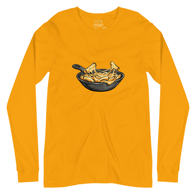 Minimalist brush pen illustration of gooey mac and cheese in a cast iron pan on a Long Sleeve T-Shirt.