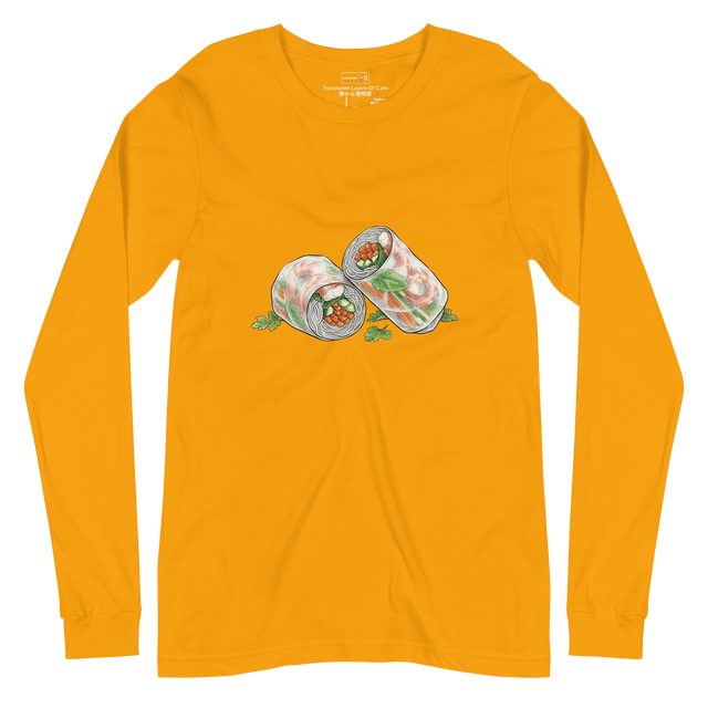 Minimalist line art illustration of a fresh spring roll with shrimp and vegetables, featured on a Long Sleeve T-Shirt.