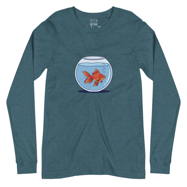 Minimalist illustration of a goldfish swimming in a bowl on a white Long Sleeve T-Shirt.