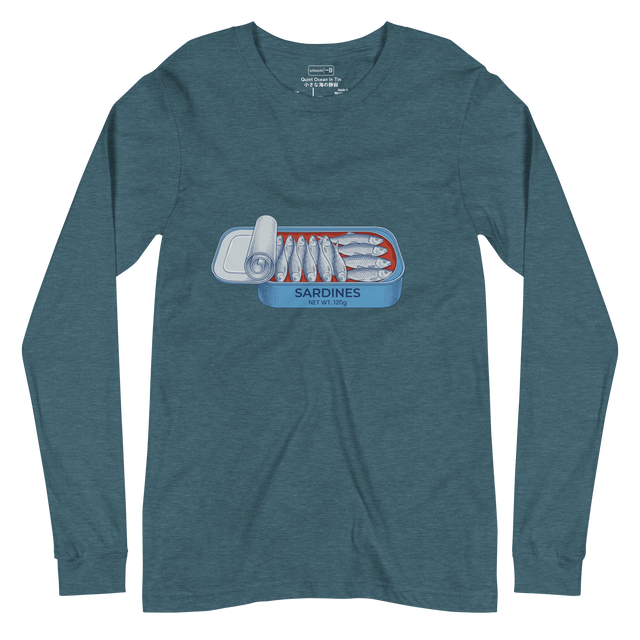 Minimalist graphic of a tin of sardines in a clean vector style, centered on a Long Sleeve T-Shirt.