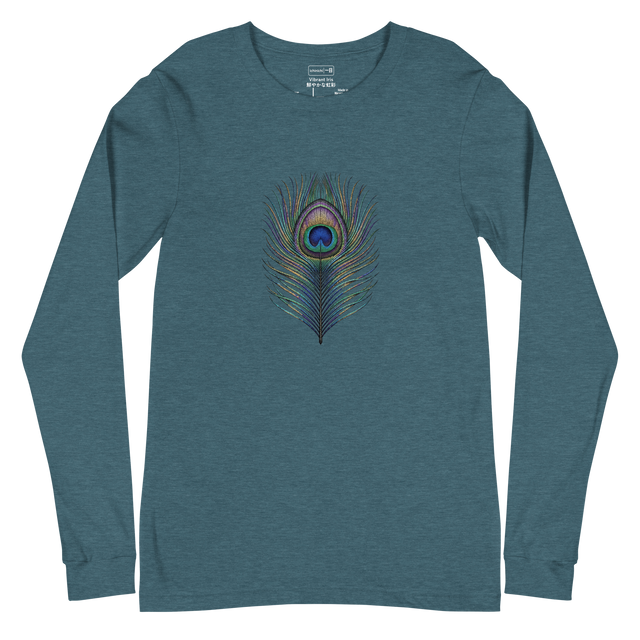 Detailed peacock feather design rendered in vibrant stippling dotwork on a unisex long sleeve t-shirt.