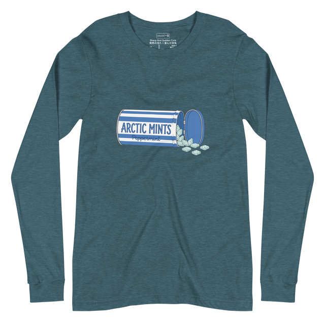 Colored pencil drawing of an open silver and blue striped tin with spilled white mints. Long Sleeve T-Shirt.