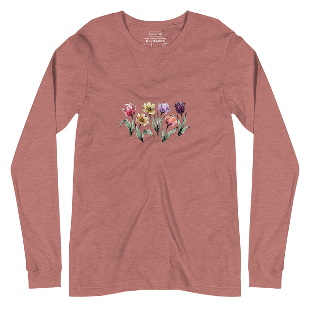 Vibrant ink wash tulip graphic with organic brushstrokes on a Long Sleeve T-Shirt.