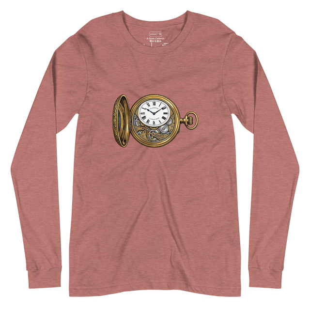 Gold and silver antique pocket watch illustration with heavy cross-hatch detailing. Long Sleeve T-Shirt.
