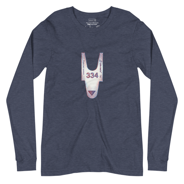 Graphic illustration of ticket number 334 with blue and red textures on a Long Sleeve T-Shirt.