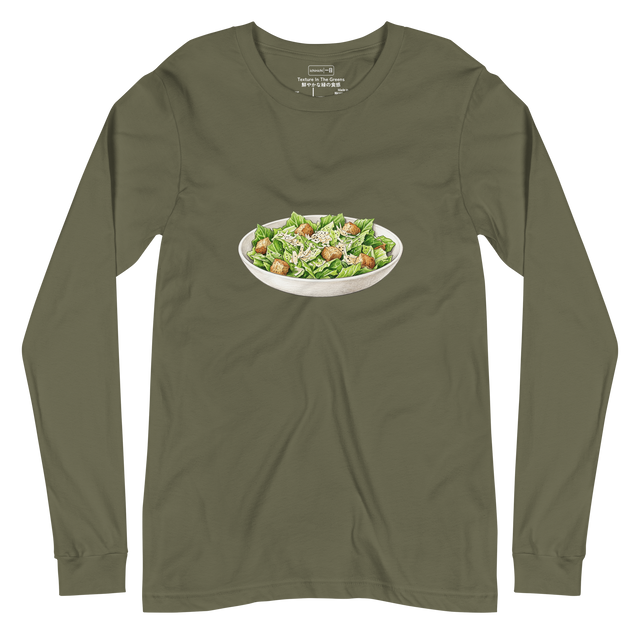 Long Sleeve T-Shirt featuring a colored pencil drawing of a classic Caesar salad in a white bowl with grated Parmesan and croutons.
