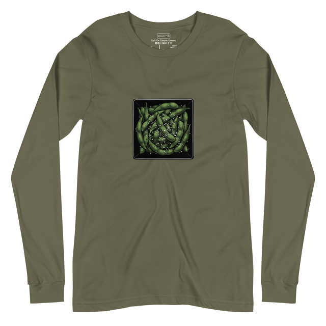 A graphic ink drawing of edamame and coarse salt viewed from above in a black bowl, printed on a Long Sleeve T-Shirt.