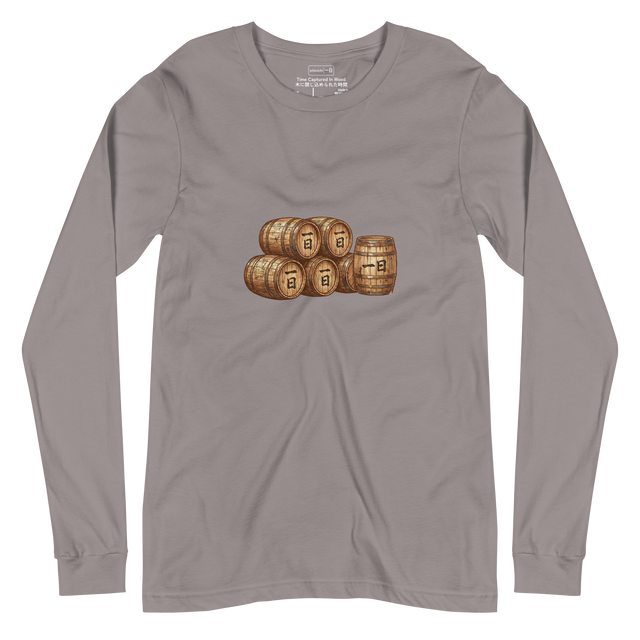 Minimalist illustration of stacked bourbon barrels on a Long Sleeve T-Shirt.