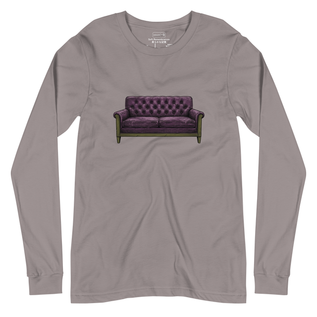Detailed cross-hatch drawing of Grandma's purple tufted love seat featured on a Long Sleeve T-Shirt.