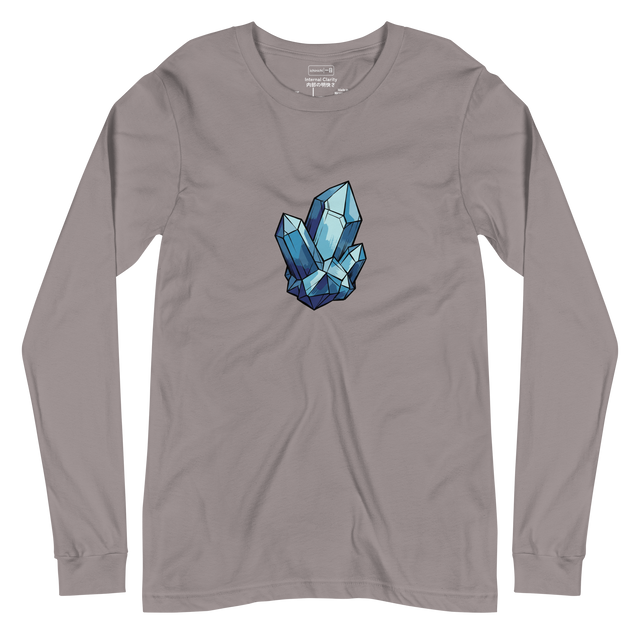 Sharp blue quartz crystal illustration in ink wash style on a long sleeve t-shirt.