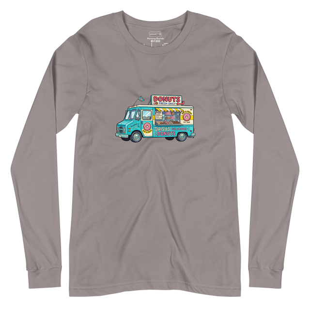 A bright digital marker drawing of a donut truck on the chest of a white Long Sleeve T-Shirt.