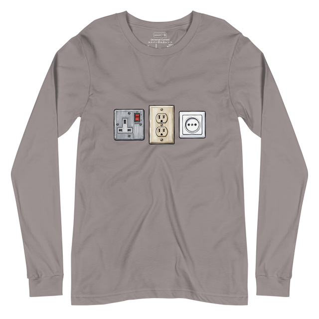 Technical marker drawing of three international power outlets on a Long Sleeve T-Shirt.