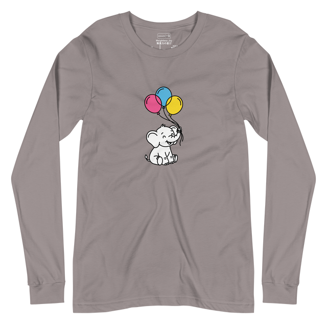 Minimalist long sleeve t-shirt featuring pop art line illustration of an elephant with bright pink, blue, and yellow balloons.