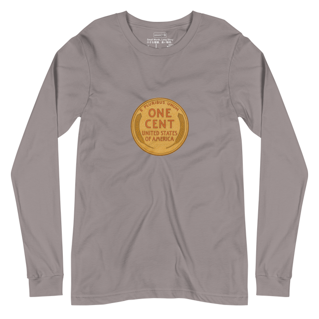 A minimalist line illustration of a wheat-back penny on a Long Sleeve T-Shirt honoring the history of the copper coin.