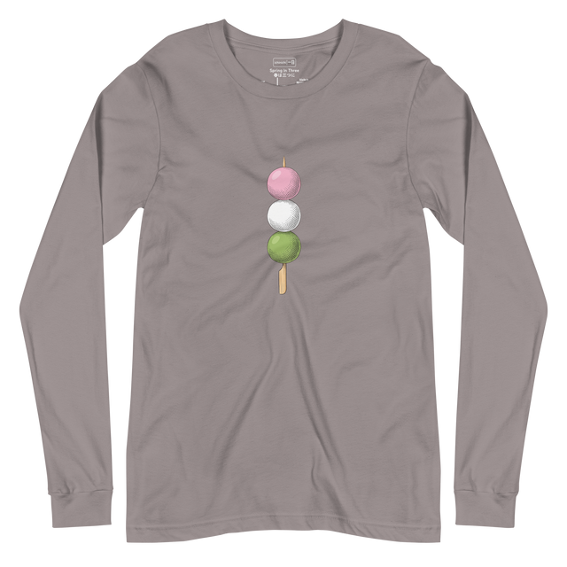 Hand-drawn color pencil illustration of pink white and green hanami dango on a Long Sleeve T-Shirt
