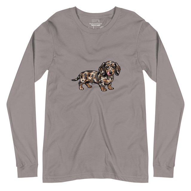 Long Sleeve T-Shirt featuring a brush pen illustration of a dapple Dachshund puppy with its tongue out.