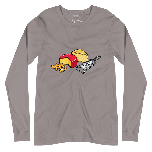 A bold marker illustration of macaroni, Gouda cheese, yellow cheese, and a manual shredder on a Long Sleeve T-Shirt.