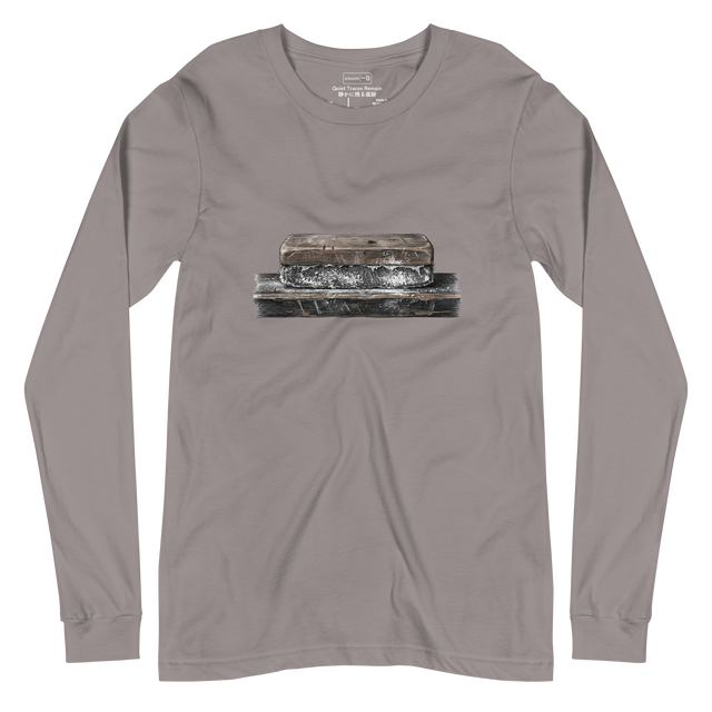 Long Sleeve T-Shirt showing a weathered chalkboard eraser covered in white dust, drawn in cross-hatch colored pencil.