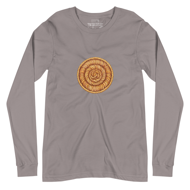 Long Sleeve T-Shirt with a colored pencil illustration of an overhead view of a French apple tart showing concentric apple slices.