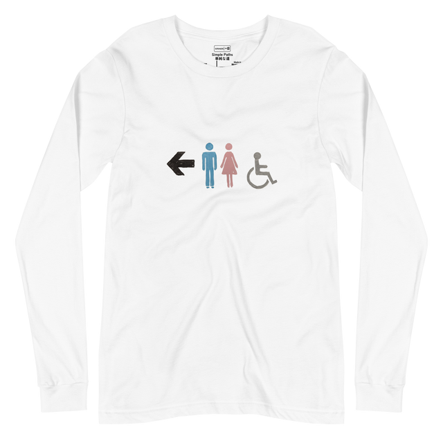 Long Sleeve T-Shirt featuring minimalist blue, pink, and grey restroom icons with a hand-drawn aesthetic.