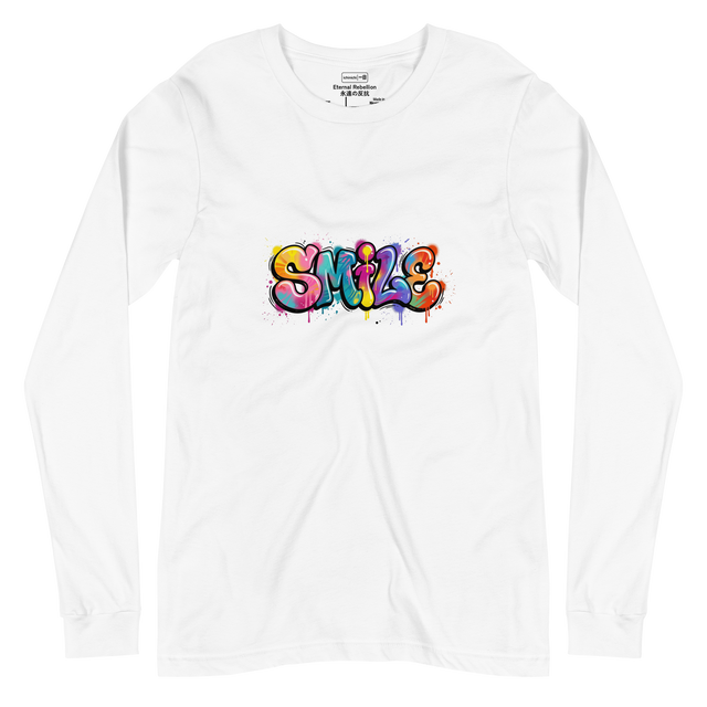 White long-sleeve shirt with colorful 'SMILE' text design on a white background