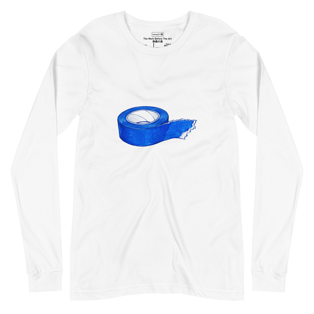 Long Sleeve T-Shirt featuring a marker illustration of blue painters tape with torn edges.