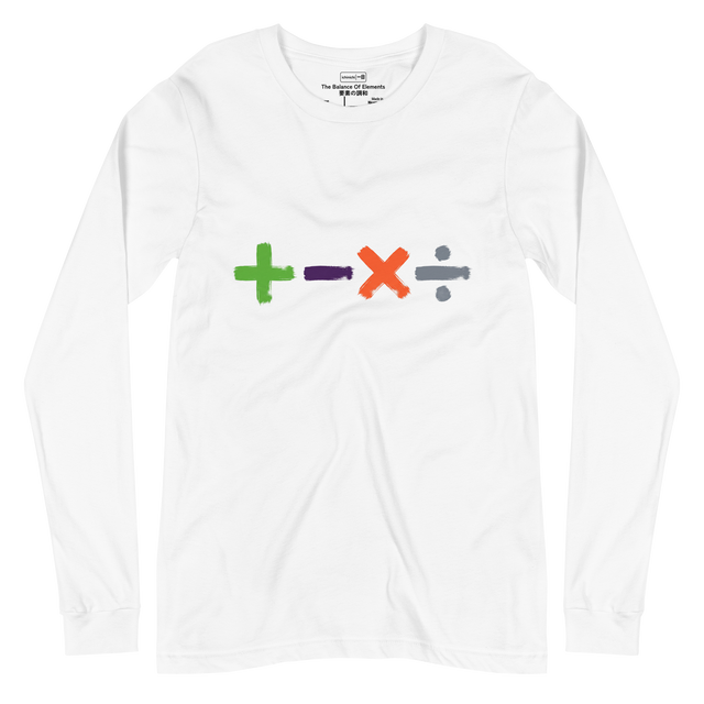 Long Sleeve T-Shirt featuring a horizontal line of basic math symbols painted in bold, textured brush strokes.