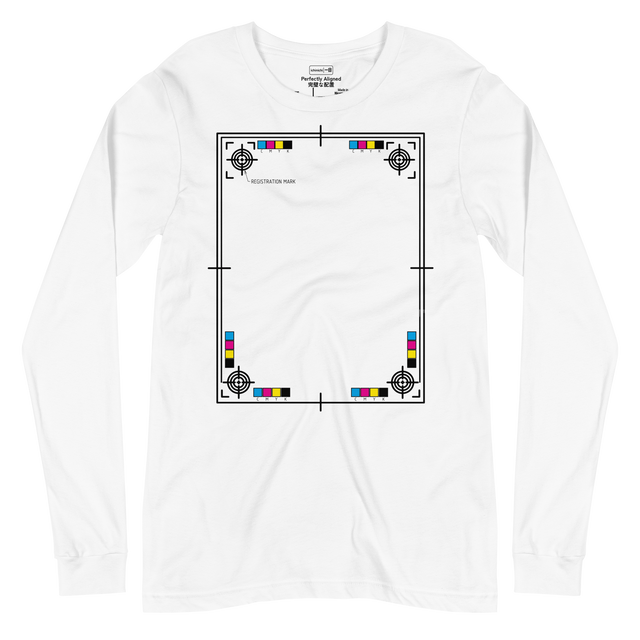 A long sleeve T-shirt displaying black printer registration marks and corner crosshairs drawn in a precise architectural blueprint style.