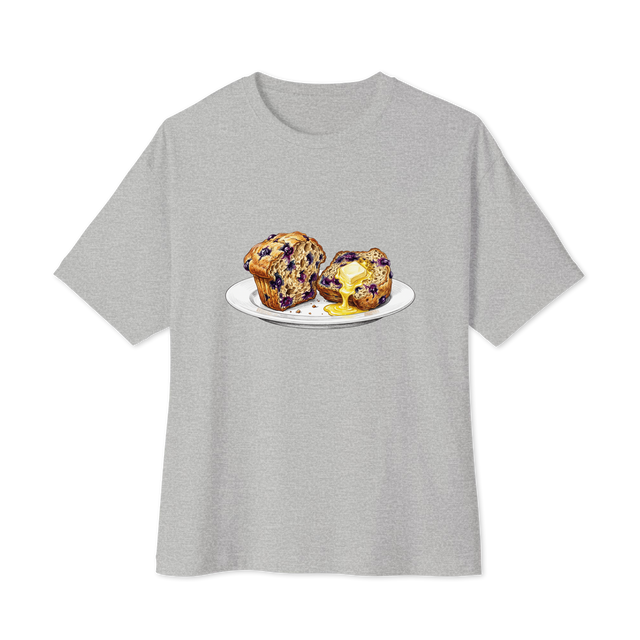 Oversized T-Shirt with a colored pencil illustration of a split blueberry muffin and melting butter on a white plate.