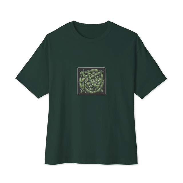 A top-down view ink drawing of vibrant edamame and salt crystals in a black bowl, printed on an Oversized T-Shirt.