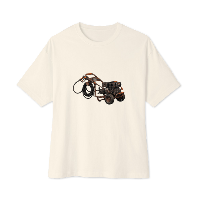 Cross-hatch ink drawing of a worn pressure washer with rust and orange details printed on an Oversized T-Shirt.
