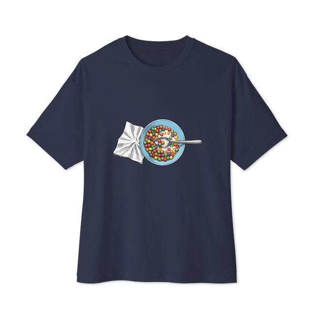 Oversized T-Shirt featuring a cross-hatch ink drawing of a colorful cereal bowl and crumpled napkin from above.