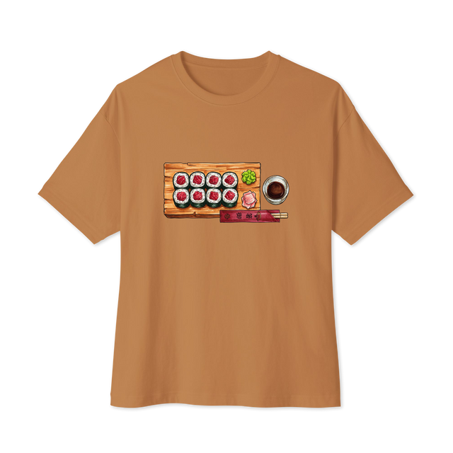 Marker illustration of a tuna roll on a wooden plank with wasabi, a soy dish, and chopsticks on an Oversized T-Shirt.