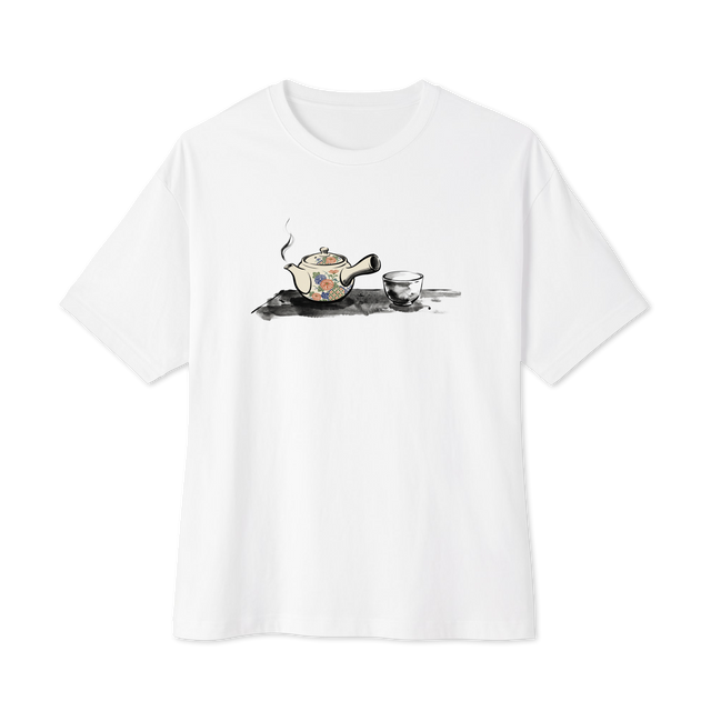 Oversized T-Shirt featuring a sumi-e ink wash illustration of a cream kyusu teapot with indigo and vermillion flowers next to a cup.