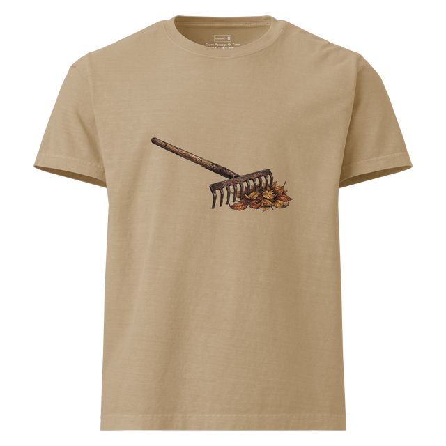 Cross-hatch ink and colored pencil illustration of a well-used rake and fall leaves on an Oversize T-Shirt.