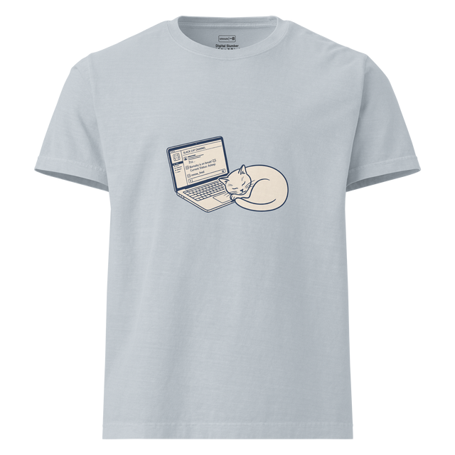 A simple line drawing of a cat sleeping next to a laptop on an oversize t-shirt.