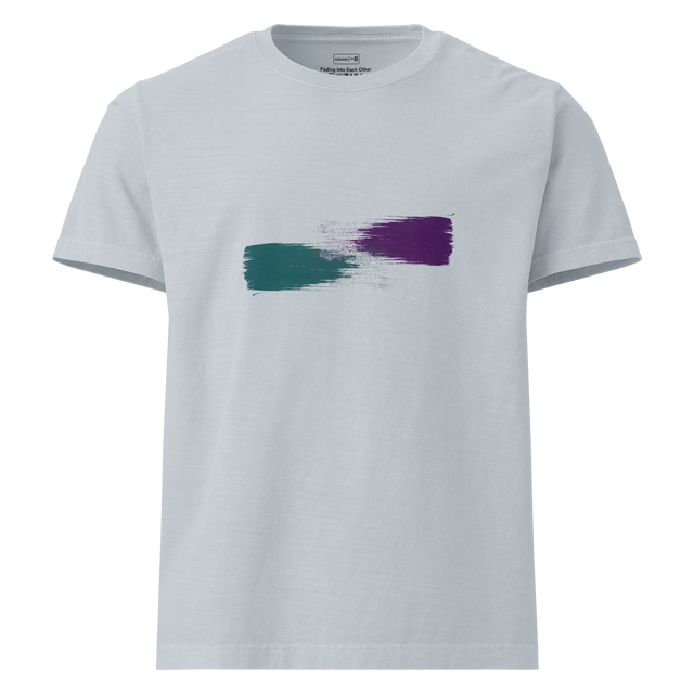 Wide deep teal and deep purple dry brush strokes fading on a minimalist Oversize T-Shirt.