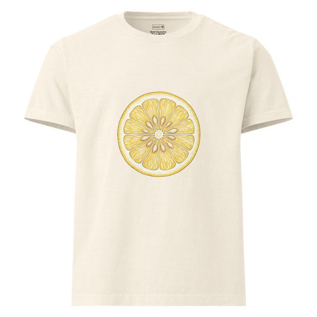 Hand-drawn color pencil illustration of a lemon cross slice, soft yellow tones, Minimalist Oversize T-Shirt.