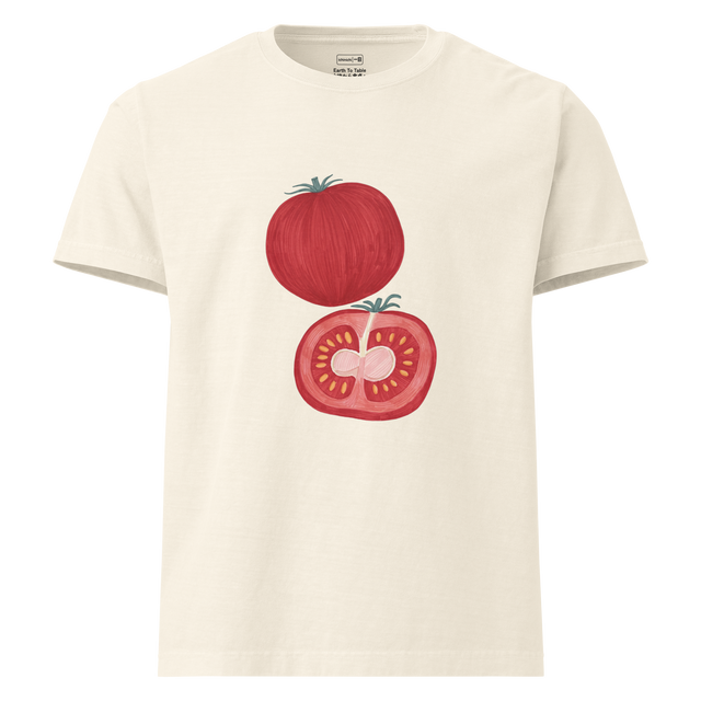 Descriptive graphic of a whole and sliced tomato in colored marker on a minimalist Oversize T-Shirt.